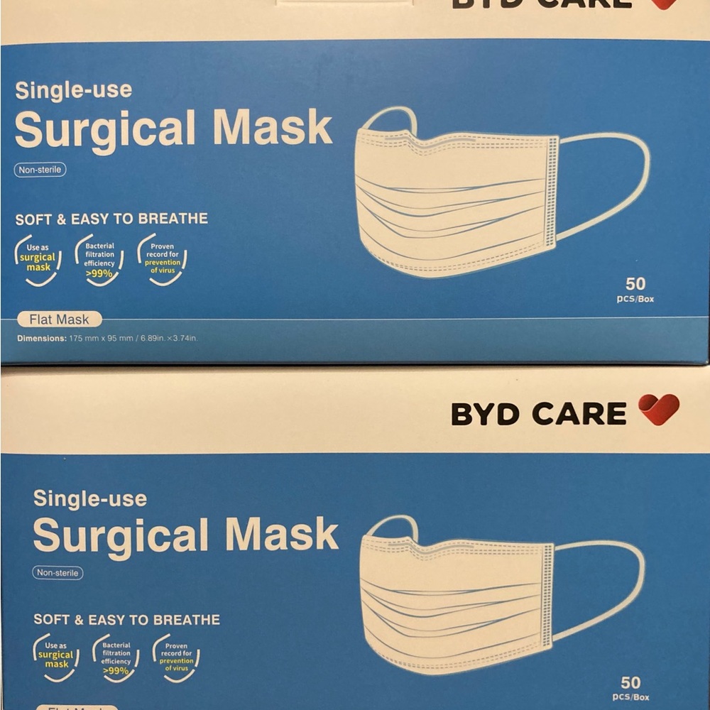 200ct (4 Boxes of 50) BYD Single Use Surgical Face Masks Non—Sterile.